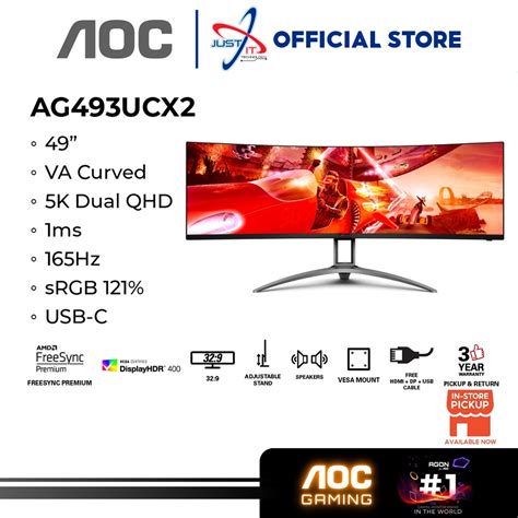 AOC AG493UCX2 AGON Gaming Monitor|Curved 49 inch|VDual QHD 5120x1440 165Hz|1ms|HDMI DP UCB-C|VESA|FreeSync Premiu|3YR Warranty