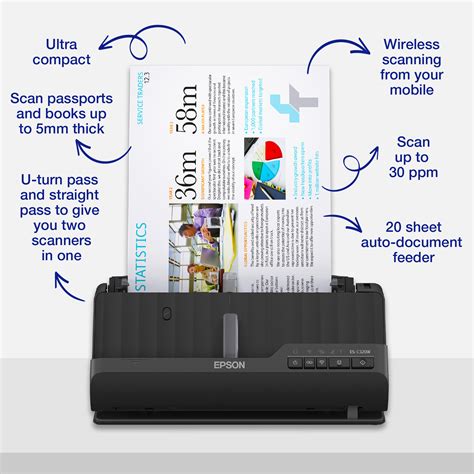 Epson ES-C320W A4 Compact Scanner; Ultra-compact smallest footprint, even while in use; Versatile - Scan passports, receipts, invoices, cards and more; Two-in-one - U-turn pass and straight pass give you two scanners in one; Lower environmental impact made with up to 30% recycled plastic; RGB colour dropout, Skip blank page, A3 stiching, Punch holes removal, Advanced editing, Automatic de-skew, Auto-rotation, Text enhancement, Edge fill, Unsharp Mask (USM); Warranty 1 Year carry-in