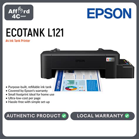 Epson EcoTank L121 Single Function A4 printer; Purpose-built, refillable ink tank; Small footprint ideal for home use; Ultra-low-cost per page; Hassle-free with simple set-up; 9 pages/min Monochrome, 4,8 pages/min Colour; 50 sheet paper tray; manual duplex; Warranty 1 year carry-in