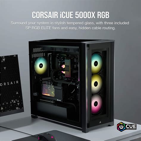 Corsair iCUE 5000X RGB Tempered Glass Mid-Tower ATX PC Smart Case,
4x 2.5" Drive Bays, 2x 3.5" Drive Bays
Fan layout: Front 3x 120mm, 2x 140mm, Top 3x 120mm/2x 140mm, Rear 1x 120mm, Side 3x 120mm.  3x 120mm SP RGB ELITE Fans Included with ICUE Lighting Node Pro
2x USB 3.0, 1x USB 3.1 Type-C
Colour: Black
Mini-ITX, Micro-ATX, ATX, EATX