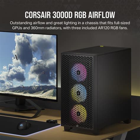 Corsair 3000D RGB AIRFLOW Mid-Tower PC Case
2x 2.5" Drive Bays, 2x 3.5" Drive Bays
Fan layout: Front 3x 120mm/2x 140mm, Top 3x 120mm/2x 140mm, Rear 1x 120mm - 3x AR120 RGB  Included
2x USB 3.0
Colour: White
Mini-ITX, Micro-ATX, ATX