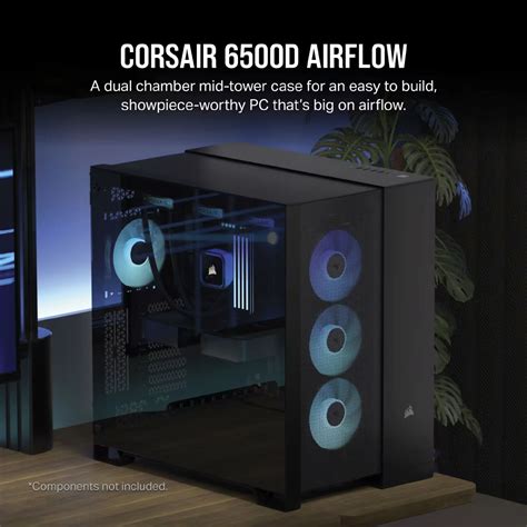 Corsair 6500D Airflow Tempered Glass Super Mid-Tower
2x 2.5" Drive Bays, 2x 3.5" Drive Bays
Fan layout: Front 2x 120mm, 2x 140mm, Top 3x 120mm ,3x 140mm, Side 3x 120mm, Rear 1x 120mm, 1x 140mm, Bottom 3x 120mm; 3x 140mm
4x USB 3.2 Gen1 Type-A, 1x USB 3.2 Gen2 Type-C
Colour: White
Mini-ITX, Micro-ATX, ATX, E-ATX
