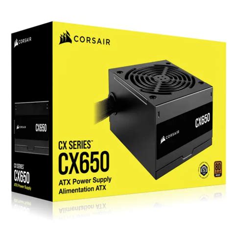 Corsair CX650 — 650 Watt 80 PLUS Bronze; 5yr Warranty; ATX (1); EPS (1); PCI-E (2); 4-Pin Peripheral (2); SATA (3). 