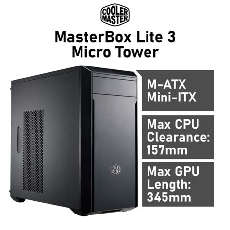 Cooler Master Masterbox lite 301 ITX; Micro ATX;Steel; Plastic; Tempered Glass; Black
3x 120mm ARGB fans
1x USB 3.2 Gen1 Type A, 1x USB 3.2 Gen1 Type C, 1x 3.5mm Combo, 
Colour: Black