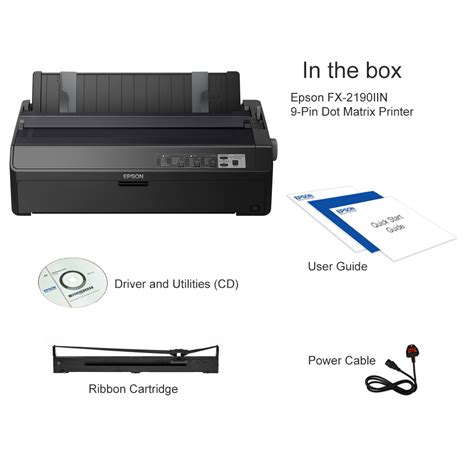 FX-2190IIN, Dot Matrix Printers, Impact dot matrix, 136 columns, 18 Needles (2 x 9), USB - compatible with USB 2.0 specification, Bidirectional parallel, Ethernet interface (100 Base-TX / 10 Base-T), 250.000 Hours, 400 Million Strokes/Wire, AC cable, Driver and utilities (CD), Ribbon, User guide
