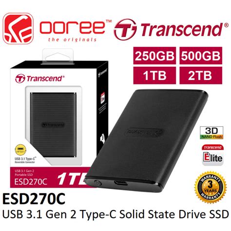 TRANSCEND 250GB ESD270C USB3.1 Gen 2 TYPE A & C (10GBPS) OTG PORTABLE SSD - 3D NAND - R/W up to 520/460 MB/s