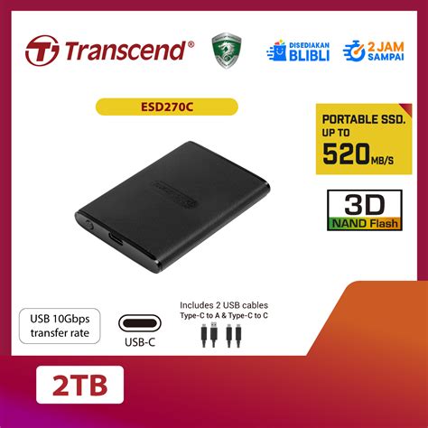 TRANSCEND 2TB ESD270C USB3.1 Gen 2 TYPE A & C (10GBPS) OTG PORTABLE SSD - 3D NAND - R/W up to 520/460 MB/s