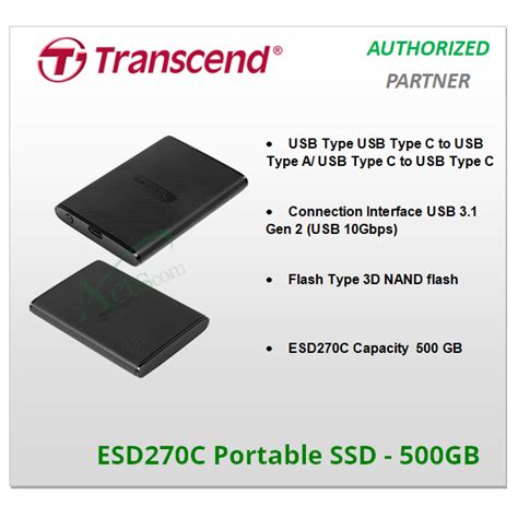 TRANSCEND 500GB ESD270C USB3.1 Gen 2 TYPE A & C (10GBPS) OTG PORTABLE SSD - 3D NAND - R/W up to 520/460 MB/s