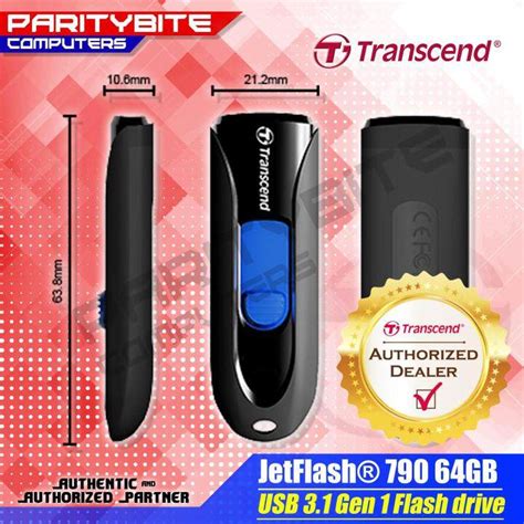 TRANSCEND 64GB JF790 USB3.1 GEN 1 CAPLESS FLASH DRIVE - BLACK AND BLUE